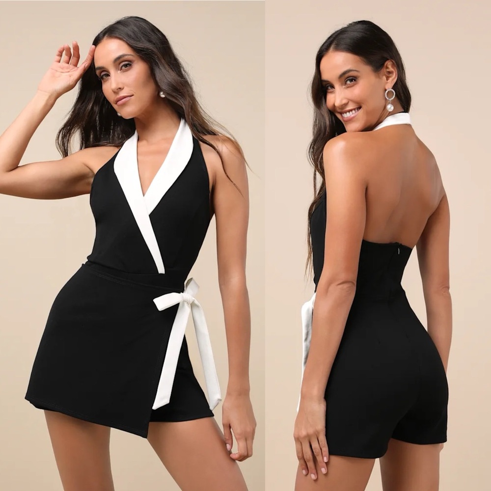 Lulu's Black Halter Romper with White Wrap Trim